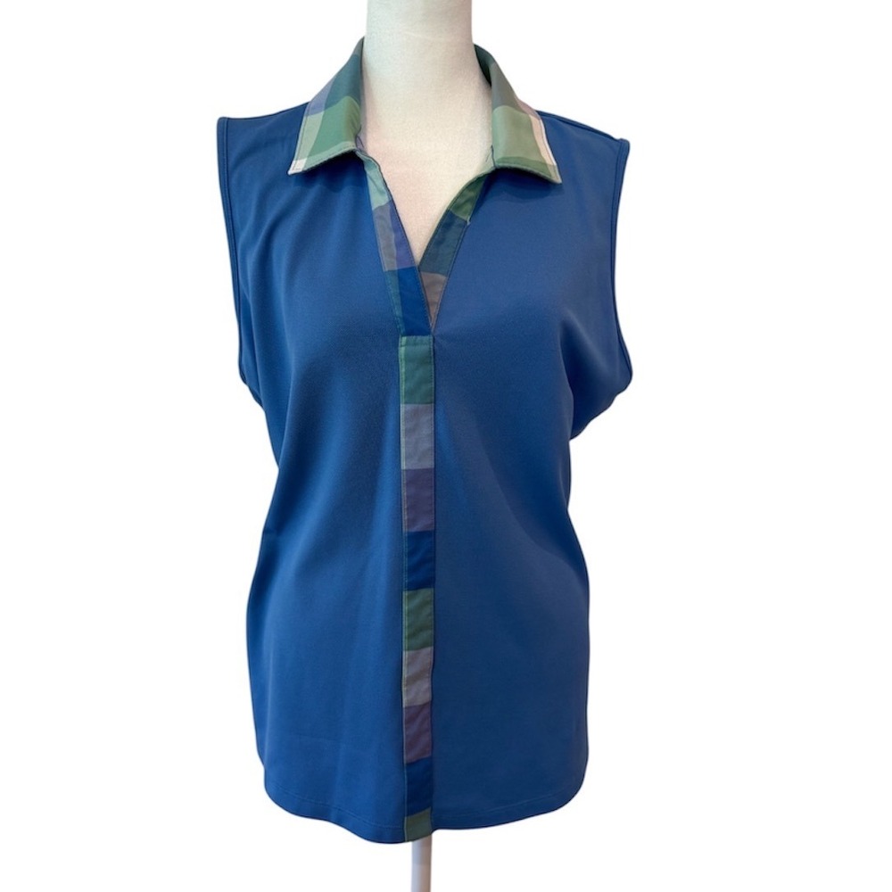 IZOD Golf Womens XL Blue Sleeveless Polo Shirt Plaid Trim V-Neck Athletic Top